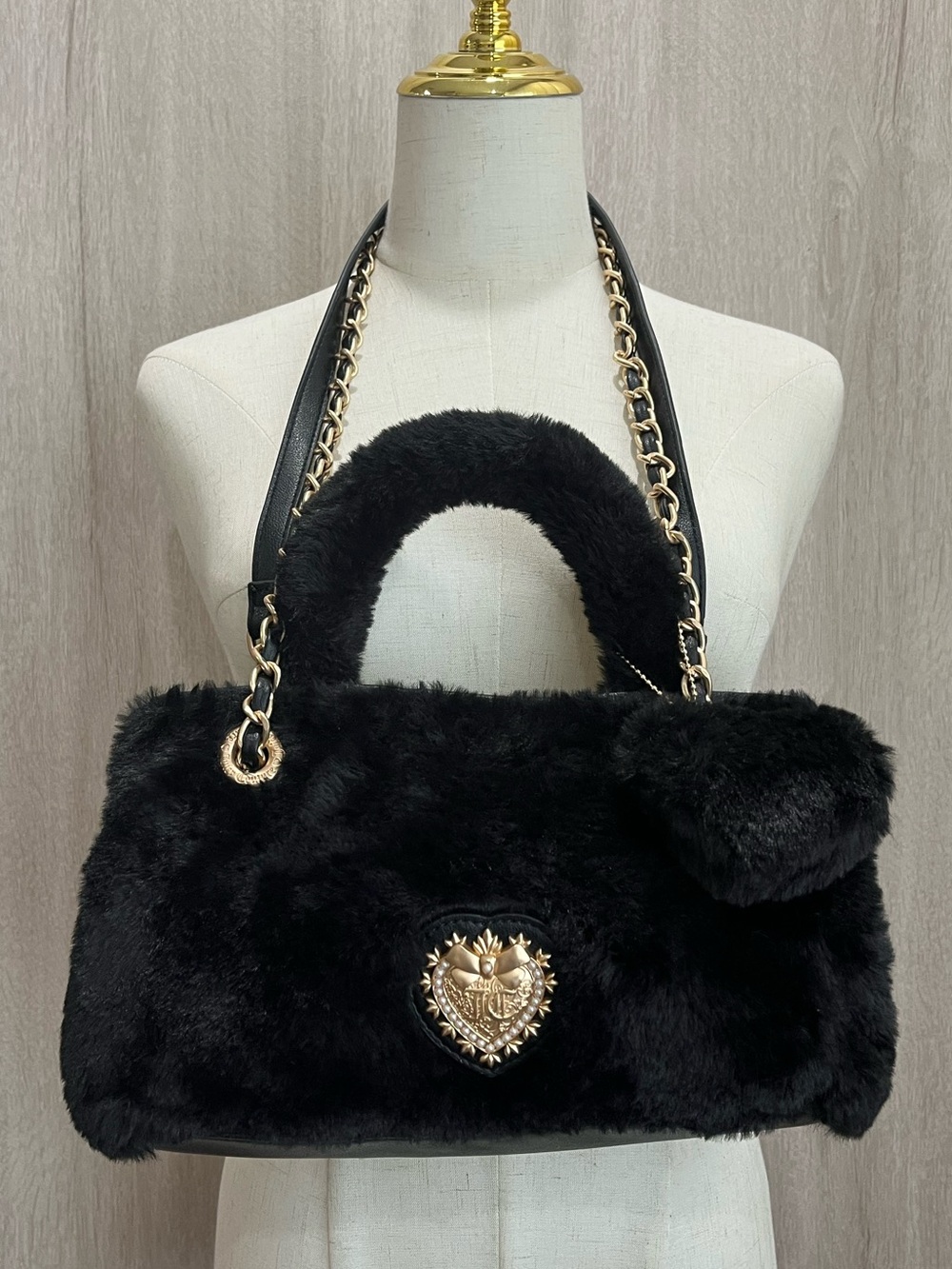 Juicy Couture Black Faux Fur Gold Chain Satchel Y2K Glam Purse NWOT